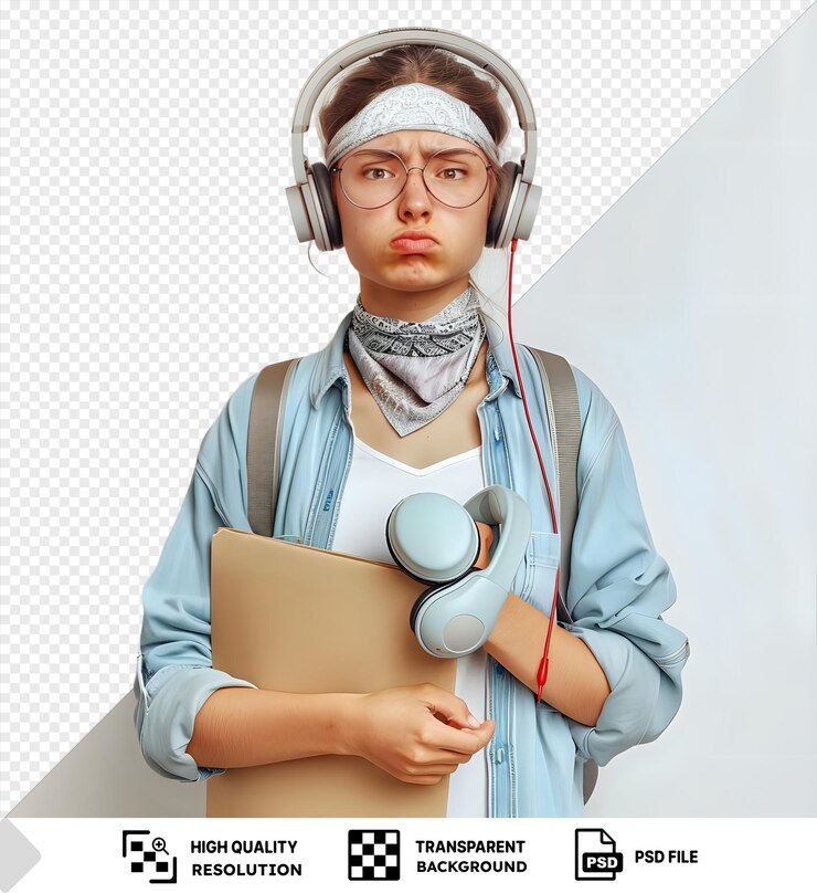 PSD joven estudiante con camisa azul y bufanda gris que parece descontento mientras sostiene una carpeta y auriculares