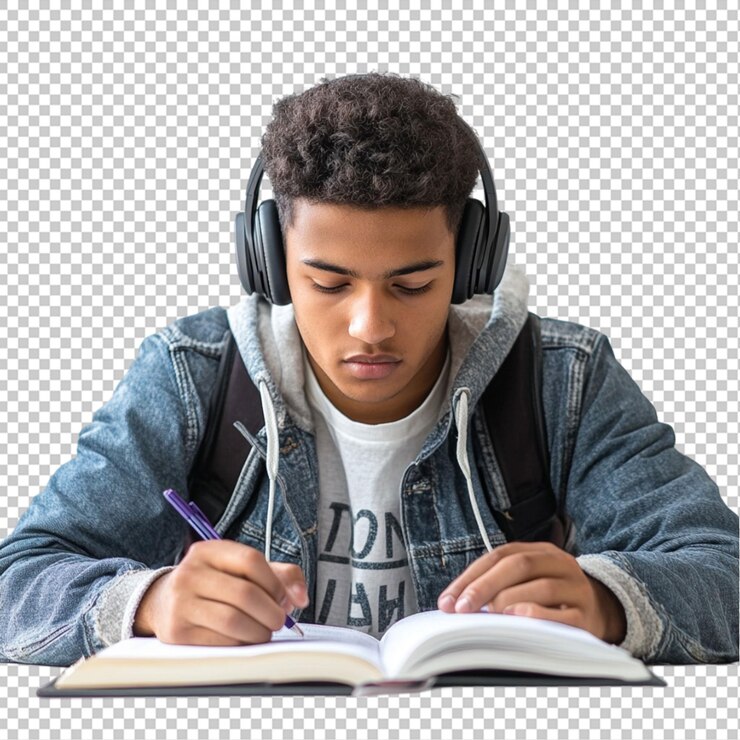 PSD joven estudiante concentrándose mientras estudia