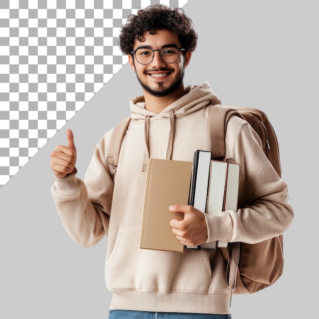 Un joven estudiante feliz con una sudadera con una mochila y un cuaderno en un fondo transparente