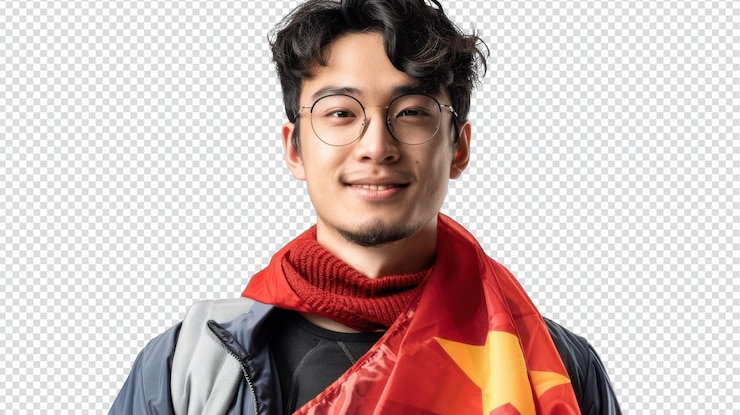 PSD joven estudiante con orgullo sosteniendo una bandera china que simboliza la identidad cultural y el orgullo