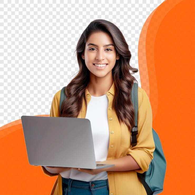 PSD joven estudiante de la universidad con portátil vista delantera png psd