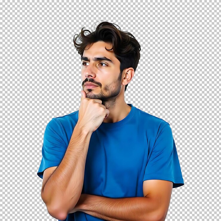 PSD joven expresión contemplativa mano sobre cabeza postura de pensamiento