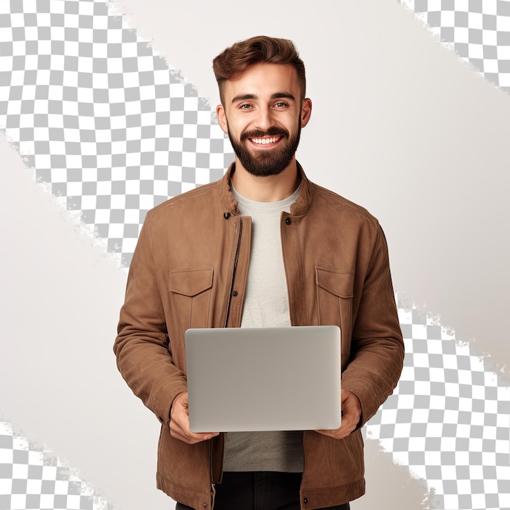 PSD joven feliz con barba posando contra una pared blanca mirando directamente a la cámara mientras usa una computadora portátil