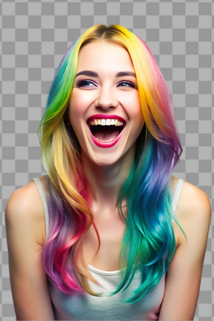 PSD joven feliz con cabello de color se ríe en un fondo transparente