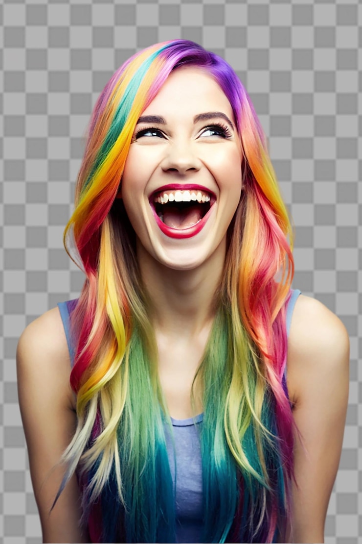 PSD joven feliz con cabello de color se ríe en un fondo transparente