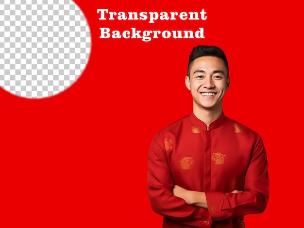 PSD joven feliz con camisa china de fondo rojo transparente