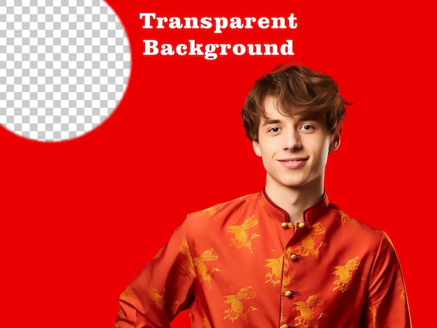 PSD joven feliz con camisa china de fondo rojo transparente