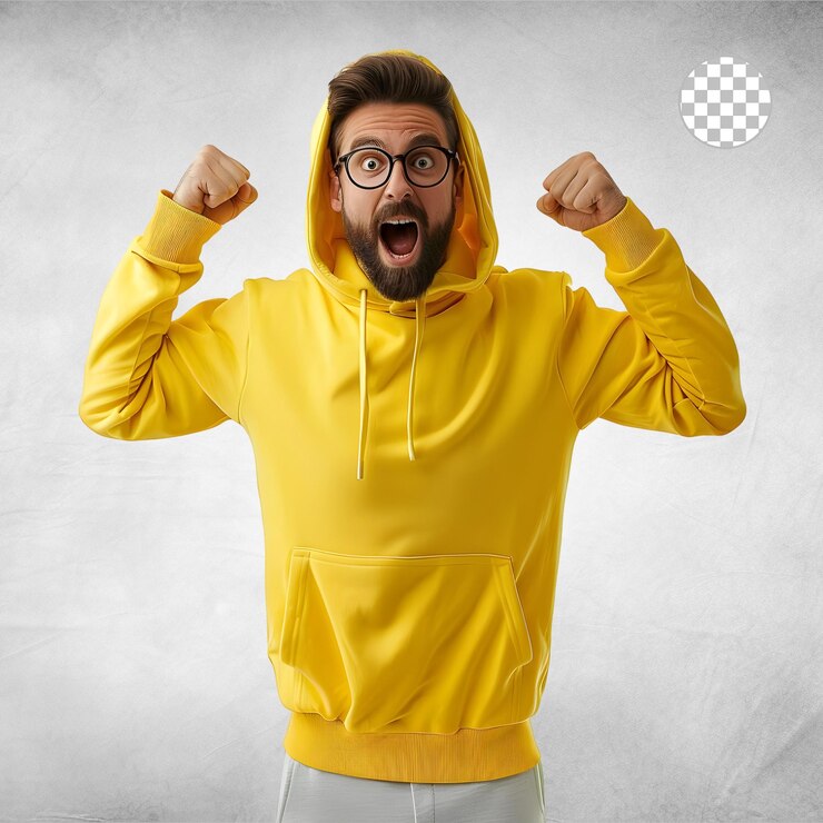 PSD joven feliz con capucha amarilla aislado en un fondo transparente