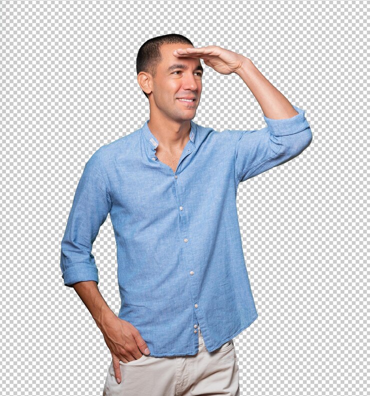 PSD joven feliz con un gesto de mirar lejos
