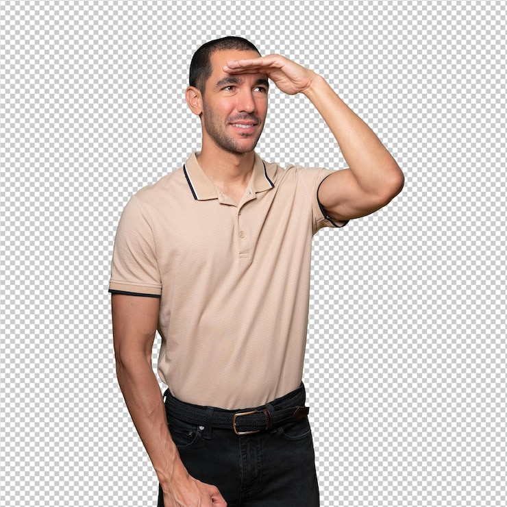 PSD joven feliz con un gesto de mirar lejos