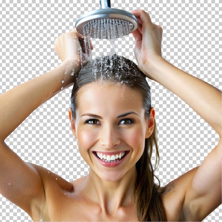 PSD joven feliz mojando el cabello mientras se ducha