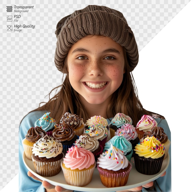 PSD una joven feliz presenta una selección de pasteles de colores