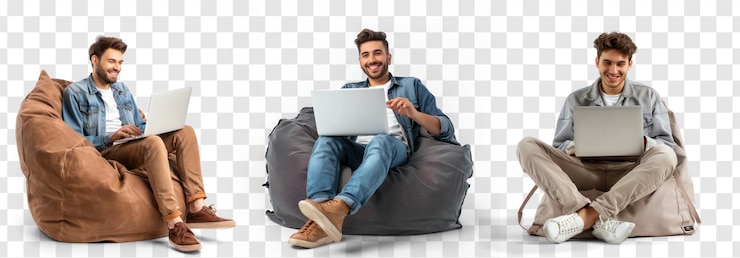 PSD joven feliz sentado en una silla de bolsa desembalando una nueva computadora portátil en un fondo transparente psd
