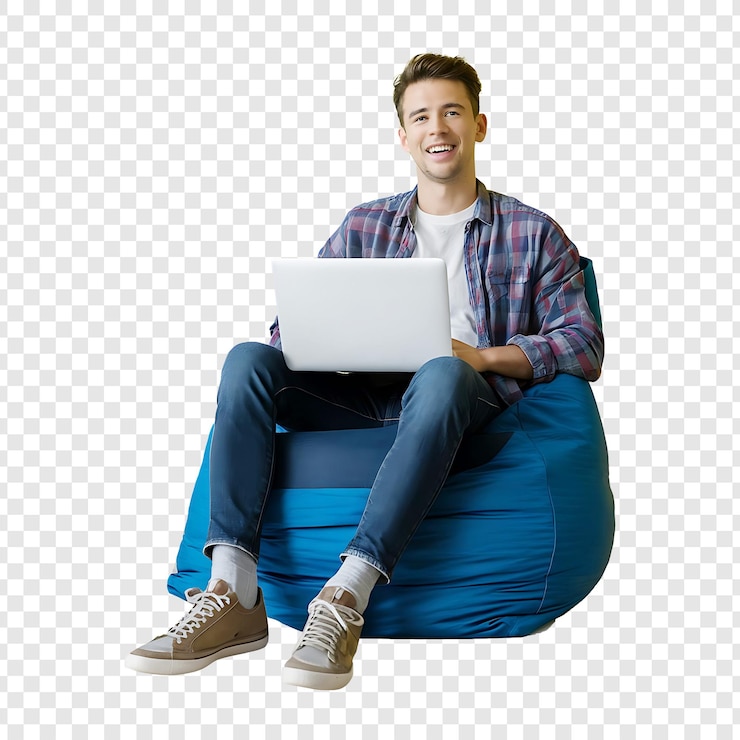 PSD joven feliz sentado en una silla de bolsa usando una nueva computadora portátil