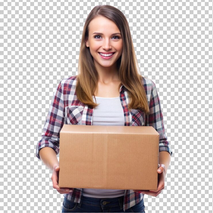 PSD joven feliz sosteniendo una caja de cartón sobre un fondo transparente