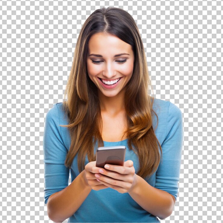 PSD joven feliz usando un teléfono inteligente fondo transparente