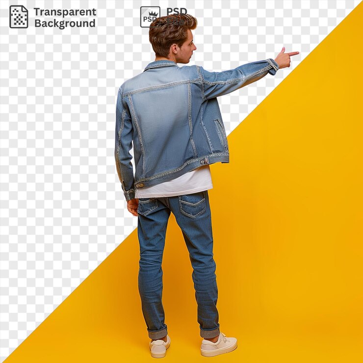 PSD joven guapo aislado de pie y señalando a un objeto en fondo amarillo con chaqueta azul vaqueros azules y zapatos blancos con cabello marrón y una mano visible en primer plano