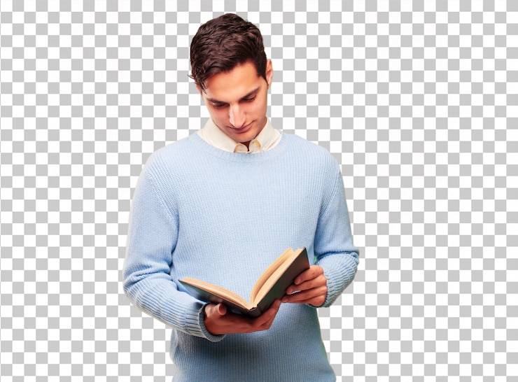 PSD joven guapo bronceado con un libro