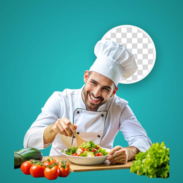 PSD joven y guapo cocinero con uniforme que huele a ensalada