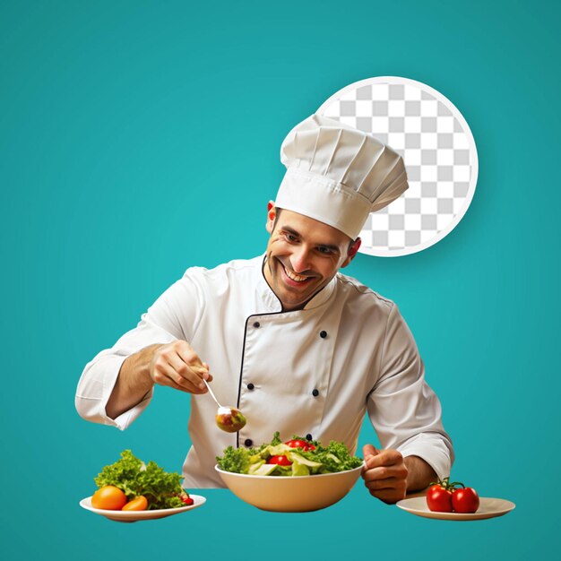 Joven y guapo cocinero con uniforme que huele a ensalada