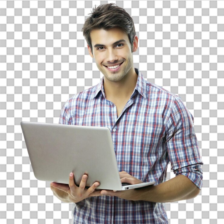 PSD un joven guapo con una computadora portátil aislada en un fondo transparente