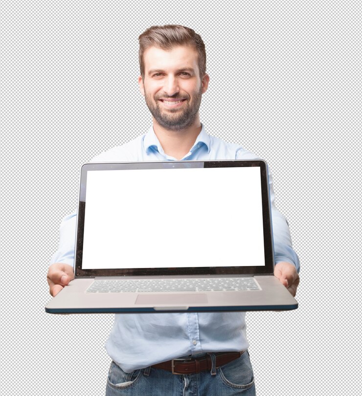 PSD un joven guapo con una computadora portátil