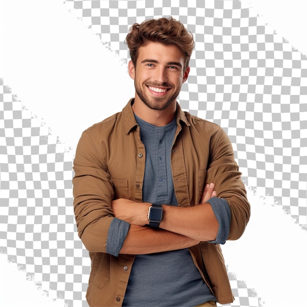 Joven guapo y encantador con ropa casual manteniendo los brazos cruzados y sonriendo mientras está aislado en un fondo transparente