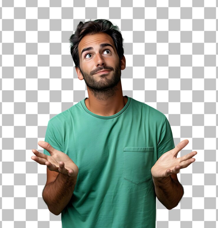 PSD joven y guapo hombre caucásico con dudas sobre un fondo transparente