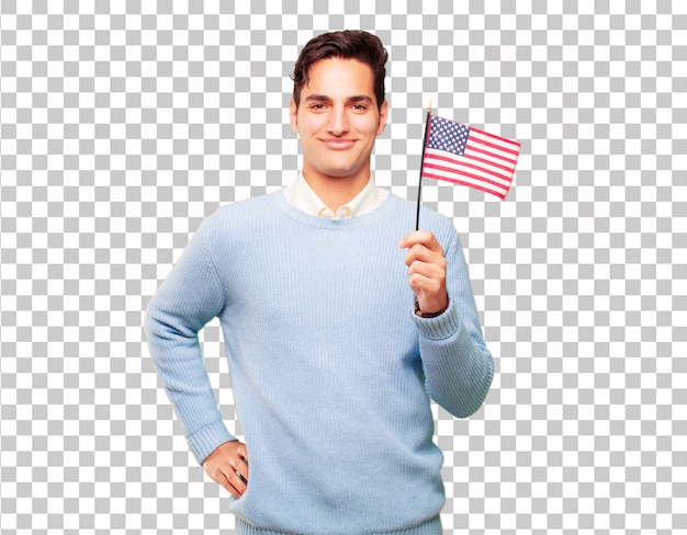 Joven guapo hombre curtido con una bandera de Estados Unidos