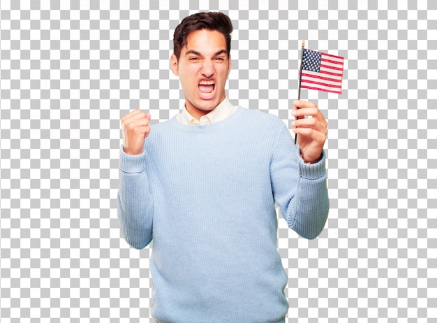 PSD joven guapo hombre curtido con una bandera de estados unidos