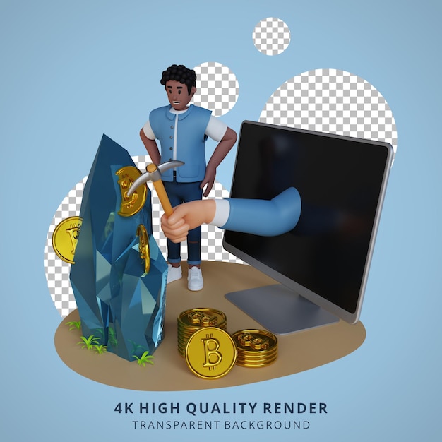 Joven haciendo minería ilustración de personaje de dibujos animados en 3D