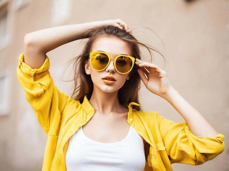 PSD joven hermosa bailarina de moda gafas de sol amarillas