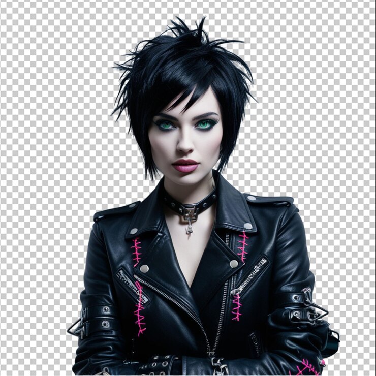 PSD una joven hermosa con una chaqueta de cuero foto analógica vibración cyberpunk