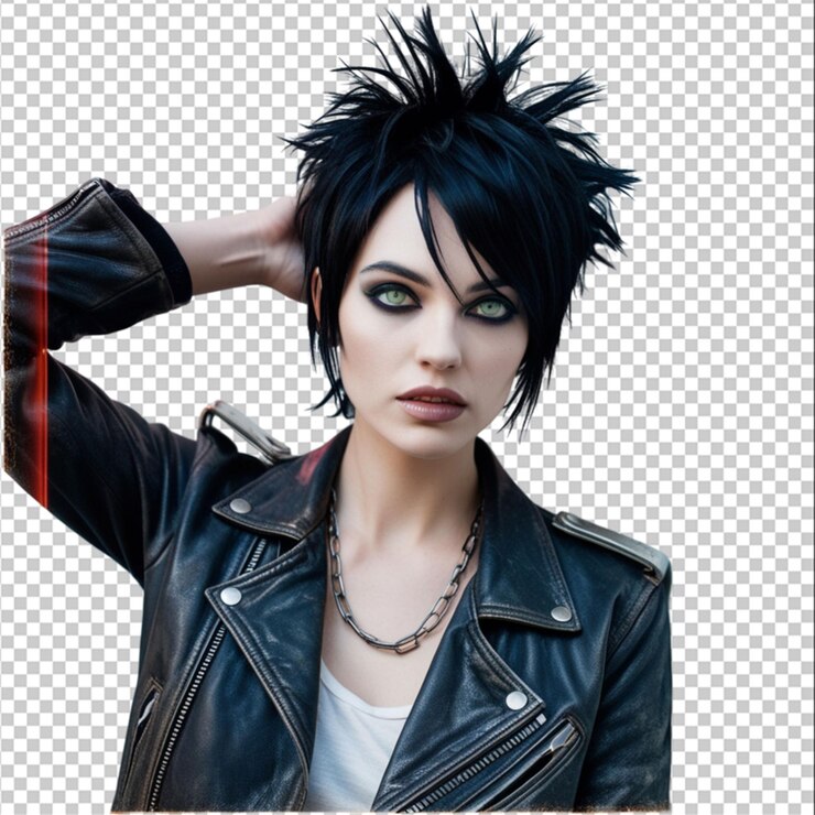 PSD una joven hermosa con una chaqueta de cuero foto analógica vibración cyberpunk