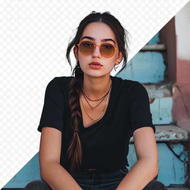 PSD joven hermosa chica morena sentada en los escalones de gafas hipster mujer europea gafas de sol de moda joven hermosa alegría