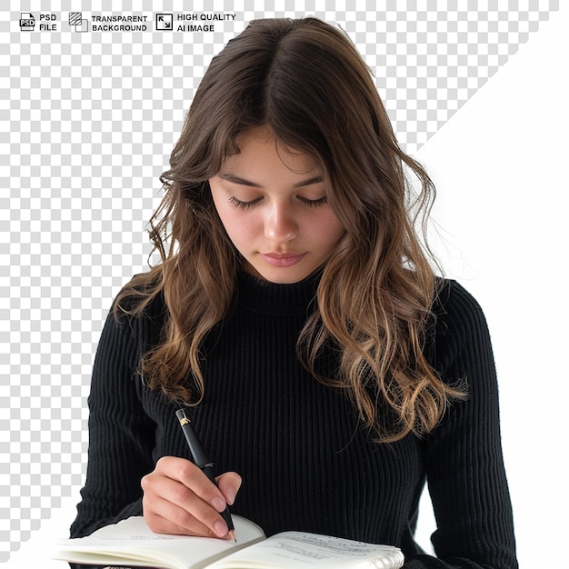 PSD joven y hermosa dama escribiendo en un libro sobre el fondo de png