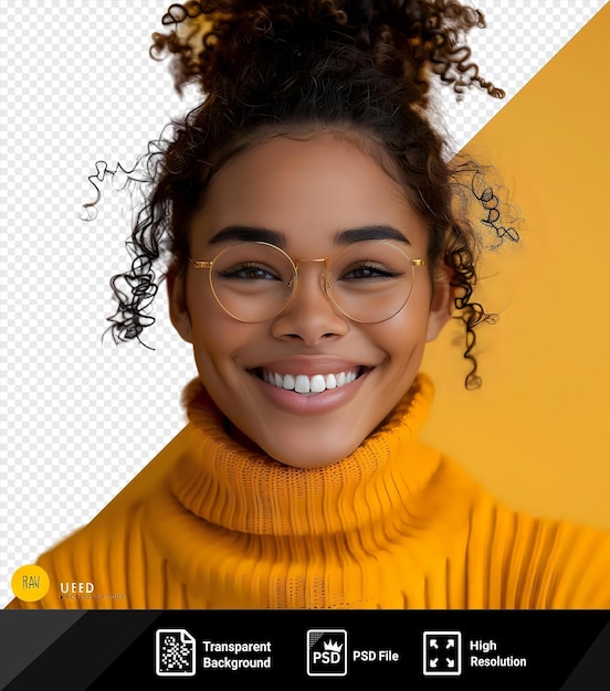 Joven hermosa mujer afroamericana con suéter de cuello alto sobre amarillo sonriendo y riendo fuerte en voz alta porque graciosa broma loca con las manos en el cuerpo png