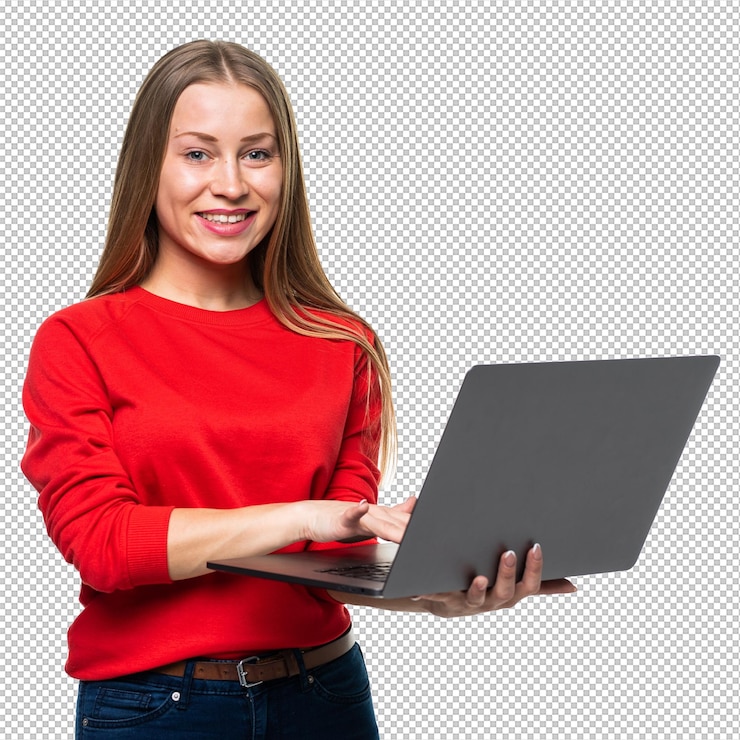 PSD joven hermosa mujer moderna con una computadora portátil en la mano aislada en la superficie blanca