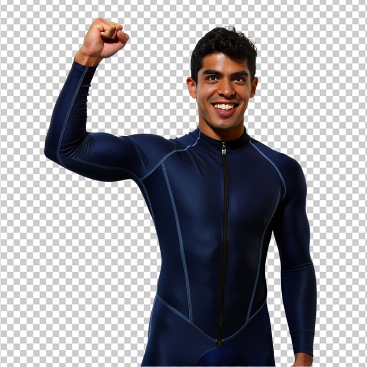 PSD joven hispano con equipo de natación levantando el puño sobre un fondo transparente