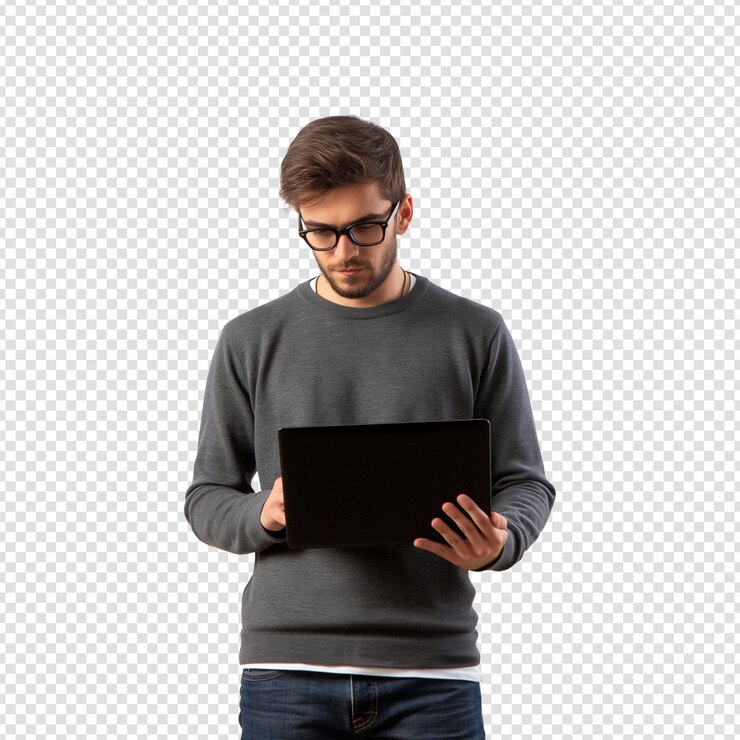 PSD un joven hispano está de pie y trabaja en una computadora portátil aislada sobre un fondo transparente
