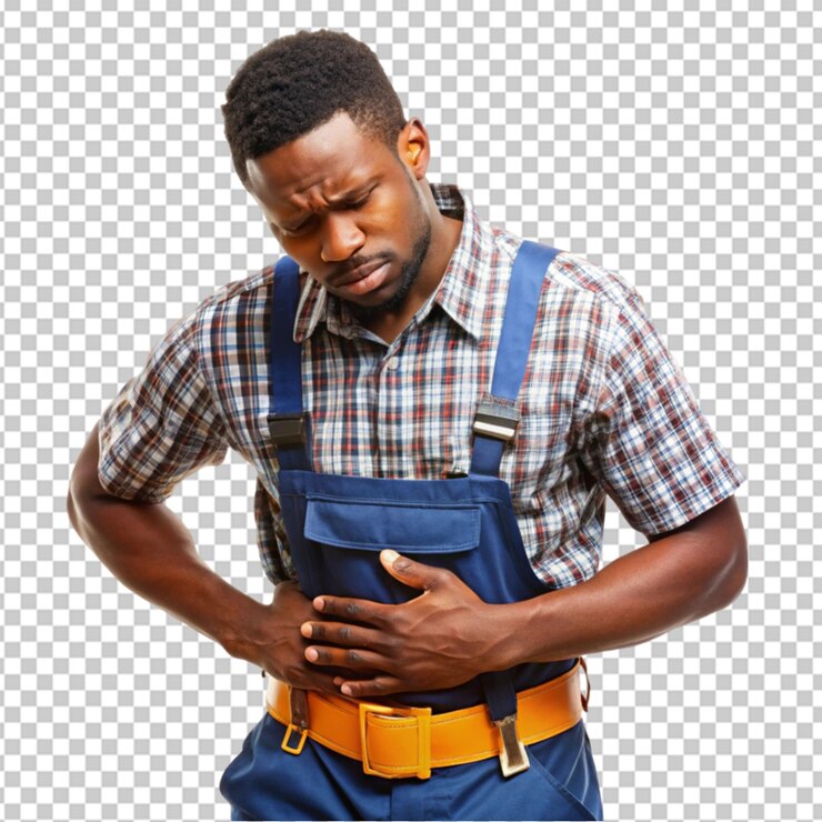 PSD joven hombre afroamericano guapo porque las náuseas enfermedad dolorosa sentirse mal en fondo transparente