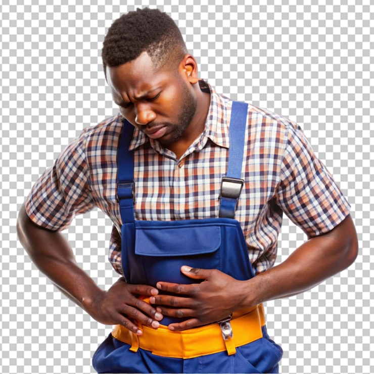PSD joven hombre afroamericano guapo porque las náuseas enfermedad dolorosa sentirse mal en fondo transparente