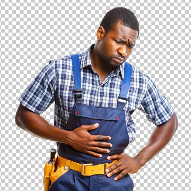 PSD joven hombre afroamericano guapo porque las náuseas enfermedad dolorosa sentirse mal en fondo transparente