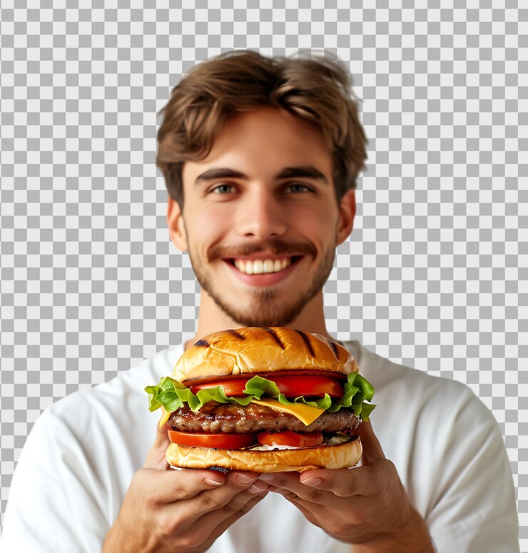 PSD joven hombre caucásico sosteniendo una hamburguesa en un fondo transparente aislado