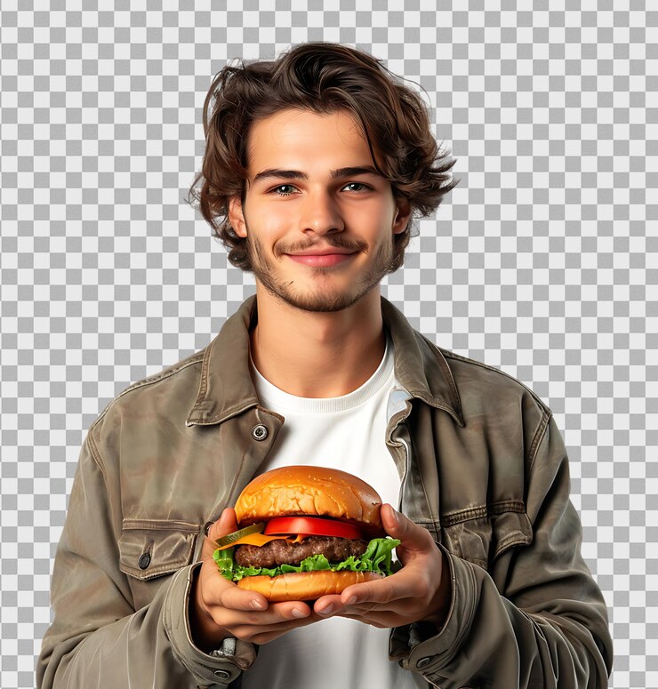 PSD joven hombre caucásico sosteniendo una hamburguesa en un fondo transparente aislado