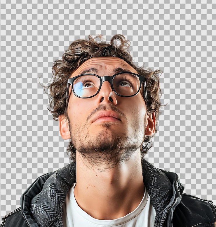 PSD joven hombre confundido con gafas mirando hacia arriba sobre un fondo transparente