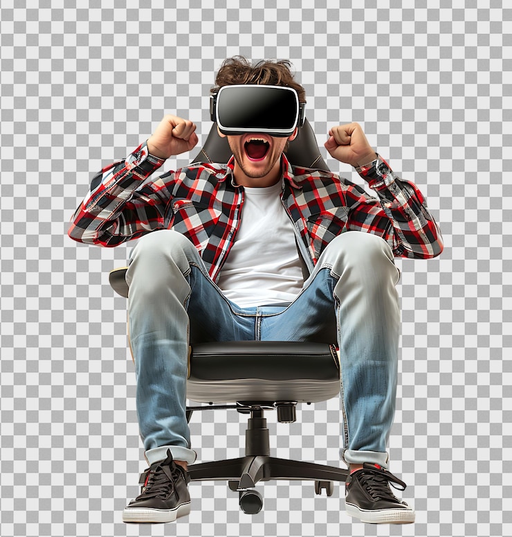 PSD joven hombre guapo emocionado después de usar auriculares de realidad virtual sentado en una silla de juego en un fondo transparente aislado