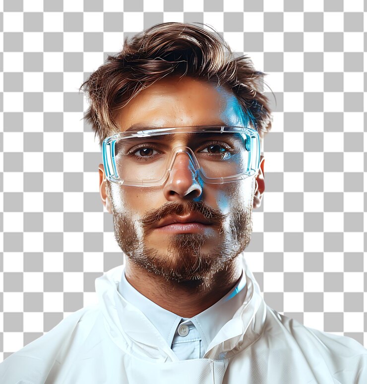 PSD joven hombre guapo médico con gafas de protección en un fondo transparente
