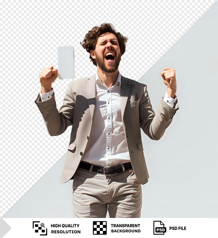 PSD joven hombre de negocios guapo usando teléfono inteligente de pie gritando orgulloso y celebrando la victoria y el éxito muy emocionado animando la emoción en su cara