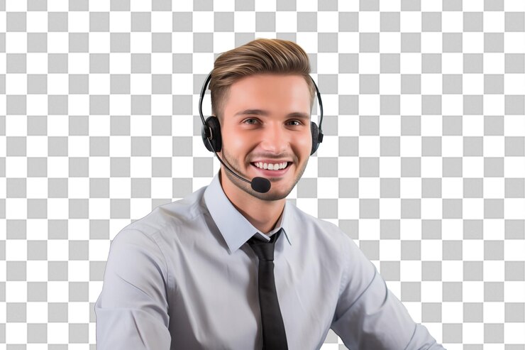 PSD joven hombre rubio guapo con auriculares de telemarketing en el fondo de la llave de croma aislada